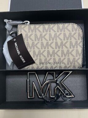 Michael Kors Mens Wallet and Keychain Set HEMP/BROWN gift for him father's day